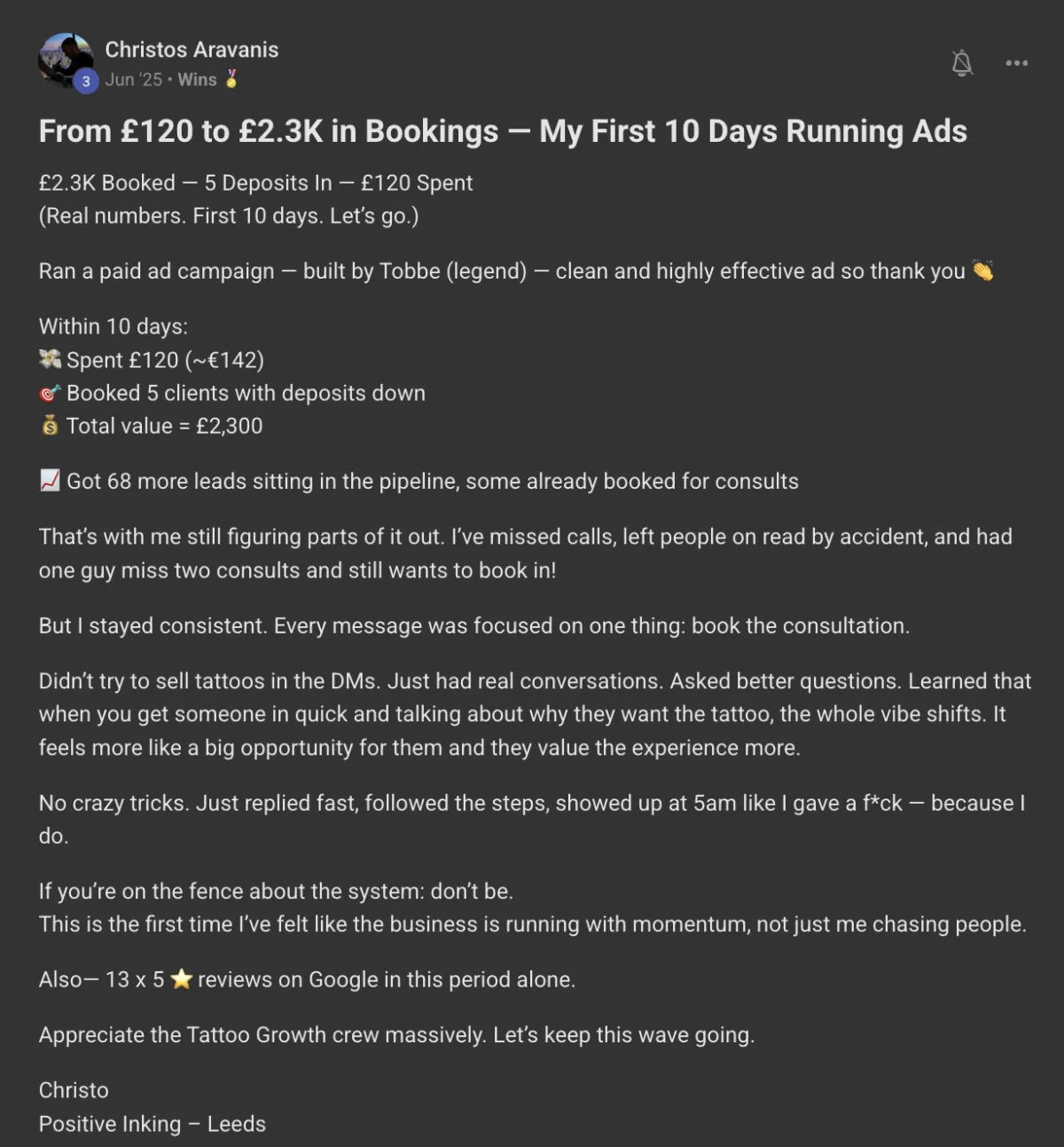 Win posted by a Tattoo Growth member