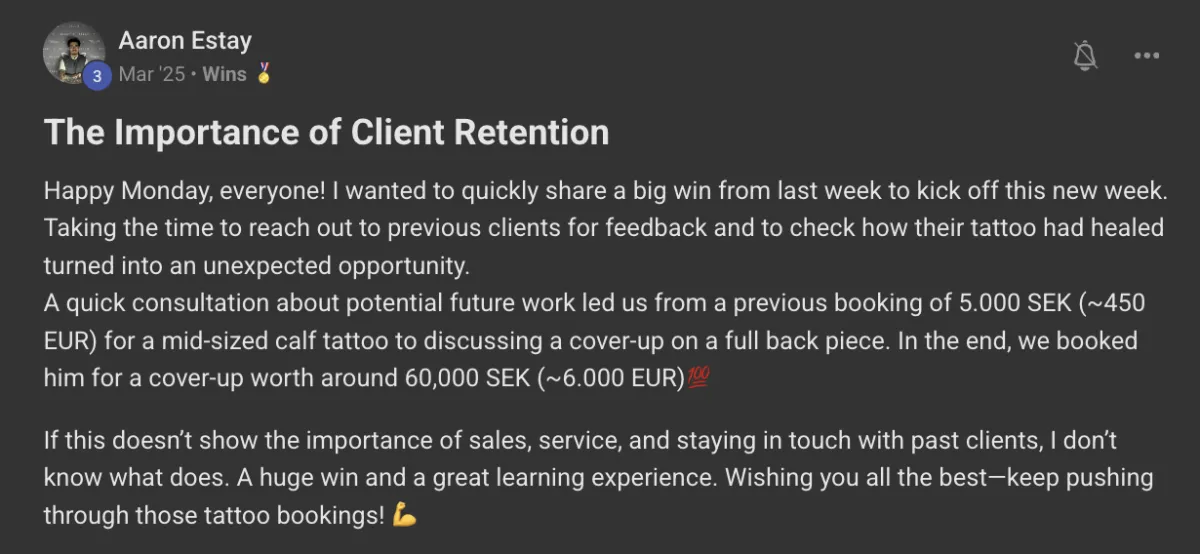 Win posted by a Tattoo Growth member