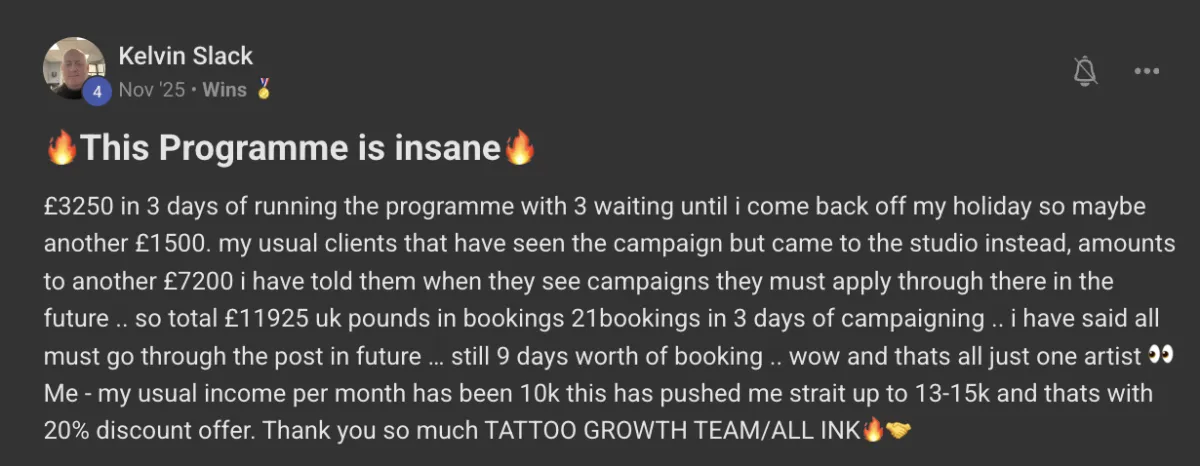 Win posted by a Tattoo Growth member